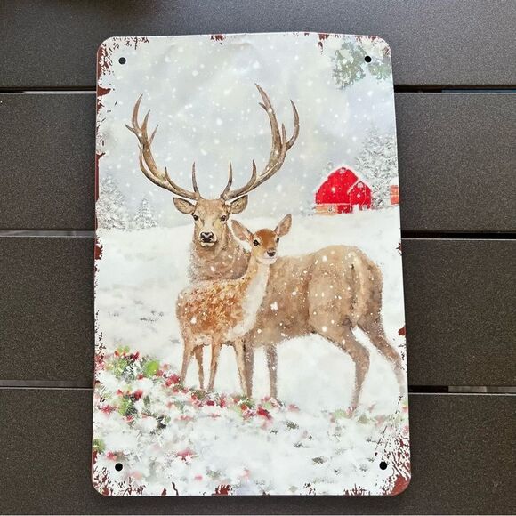 Aluminum Tin Reindeer in a Holiday Scene 8 x 12” - Picture 1 of 3